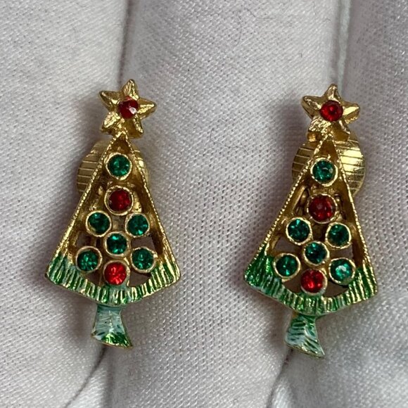 Vintage Christmas Clip On Earrings 2 Pr XMas Tree Candle Gold Tone Rhinestones - Picture 5 of 8